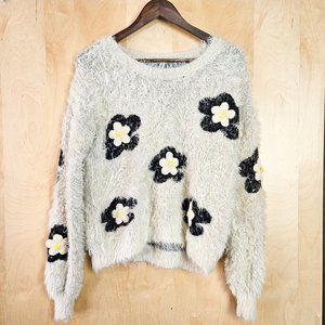 LeShop White & Black Floral Scoop Neck Sweater